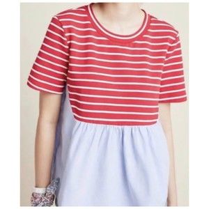 BY ANTHROPOLOGIE Red White And Blue Striped Peplum Short Sleeve Blouse